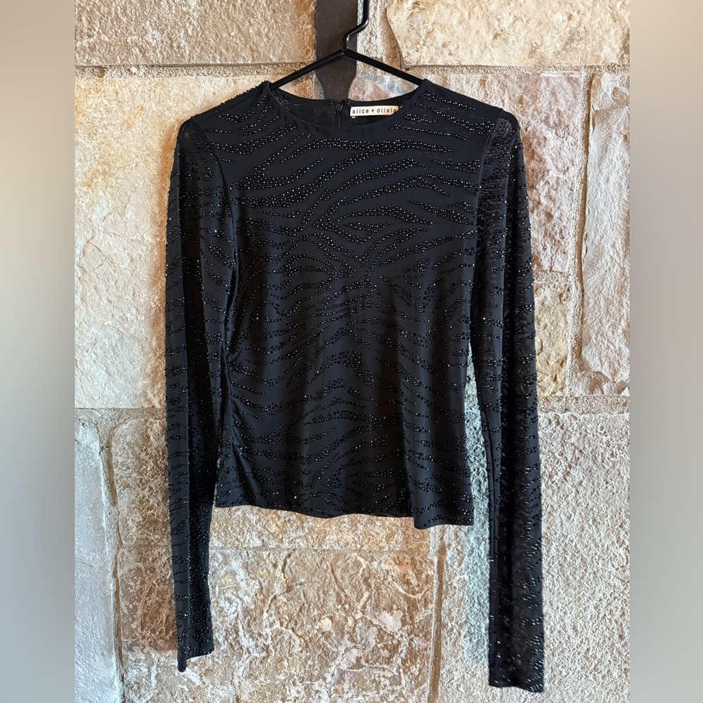 Alice + Olivia Black Long-Sleeve Beaded Zebra-Pattern Top